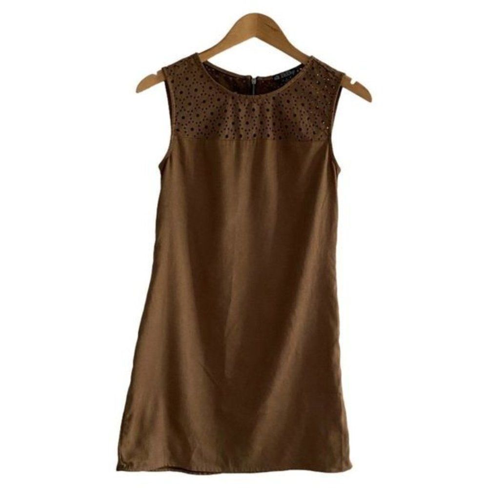 Bebop Women's Brown Faux Suede Cut Out Stretch Sleeveless A Line Mini Dress US S